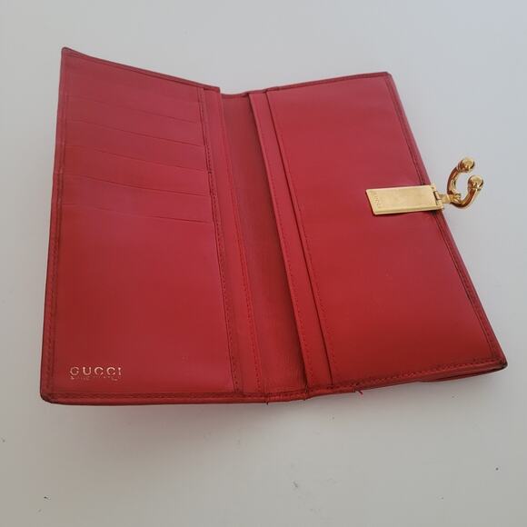 GUCCI Bifold Leather Wallet Long Bifold Red Large Card Bill Designer Horseshoe - Picture 3 of 13